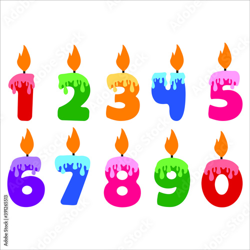 Birthday candles, numbers 1, 2, 3, 4, 5, 6, 7, 8, 9, 0.  Birthday cake burning candles with flame and dripping wax, vector illustration. Numeric isolated elements for card, invitation 