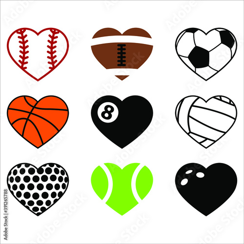 Sports hearts, baseball, american football, gridiron, basketball, billiard, pool, volleyball, golf, tennis, bowling ball set. Vector illustration, isolated element decal, sticker, Valentine's card