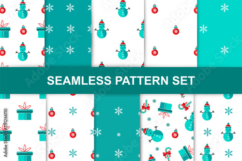 Seamlees patterns set with snowman, gift box, candy cane for Merry Christmas and Happy New Year. Vector illustration.