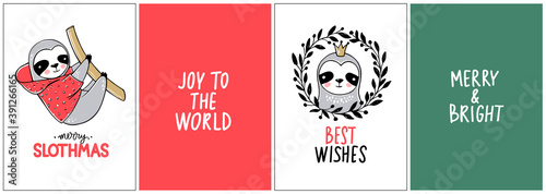 Cute Sloth, Merry Christmas cards collection. Vector funny illustrations for winter holidays. Doodle lazy sloths bears and lettering inscriptions. Happy New Year and Xmas animals set