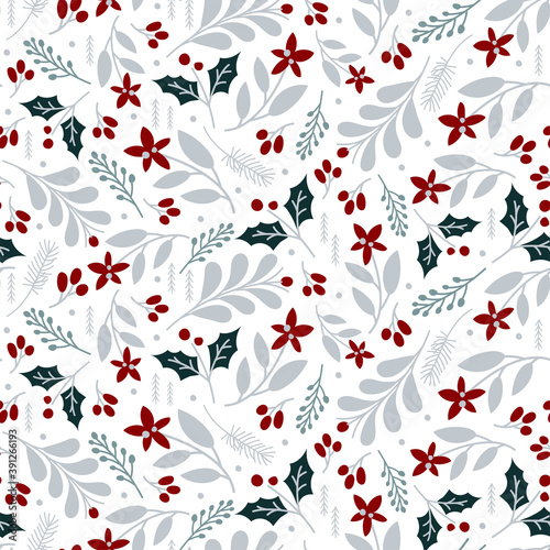 Winter seamless pattern with leaves and branches. Vector illustrations