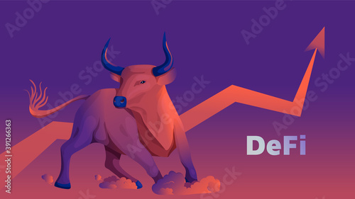 Vector illustration with a bull and an upward arrow. Defi is an uptrend.