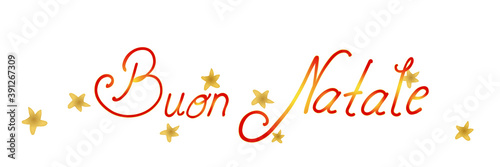 Grußkarte mit Text "Buon Natale" in Rot mit Goldeffekt und Sternen auf Weiß.