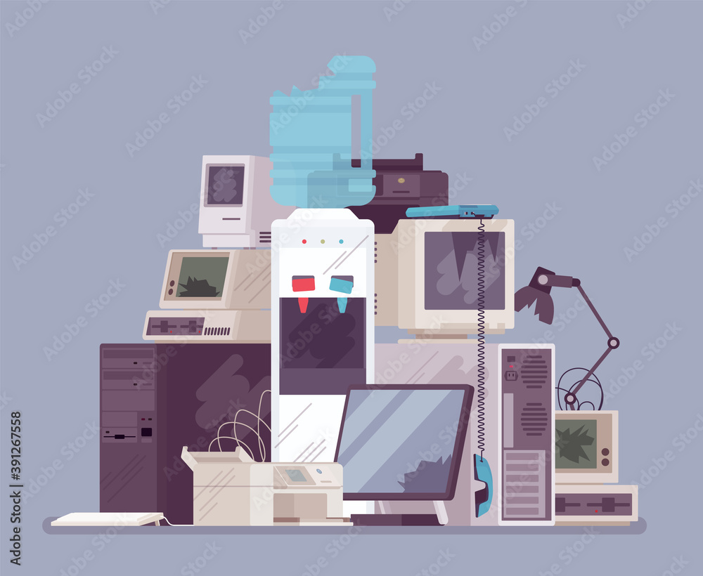 Electronic appliances waste trash pile, broken office equipment. Unwanted  technology devices, not working digital rubbish, dangerous toxic metal,  used materials. Vector flat style cartoon illustration Stock Vector | Adobe  Stock