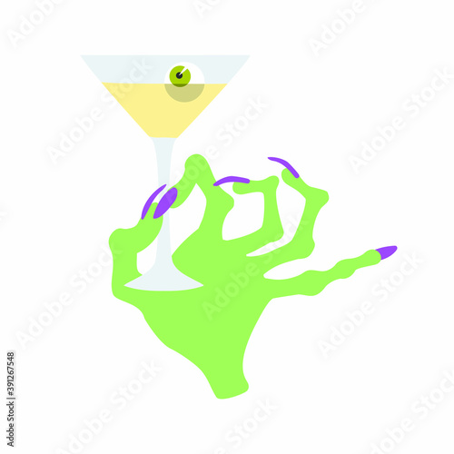 Scary scrawny green witch hand holding vermouth glass with olive color eye. Halloween hand drawn vector illustration. Scary design for card, gift, mug, poster, t-shirt, decal, invitation