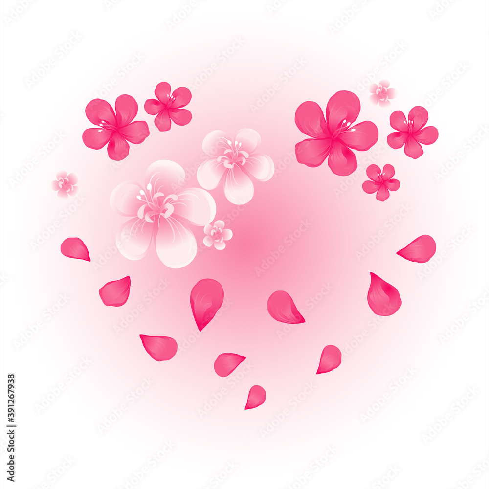 Valentines day card. Pink flying petals and flowers on soft light pink background. Heart shaped flowers. Vector