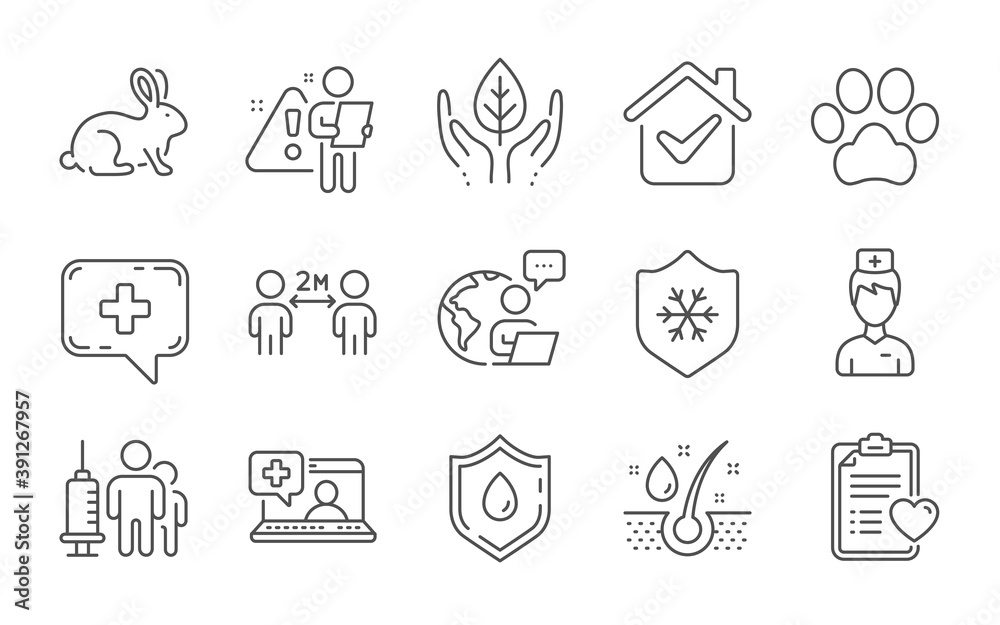 Patient history, Dog paw and Animal tested line icons set. Medical chat, Medical vaccination and Social distancing signs. Blood donation, Fair trade and Serum oil symbols. Doctor, Clean skin. Vector