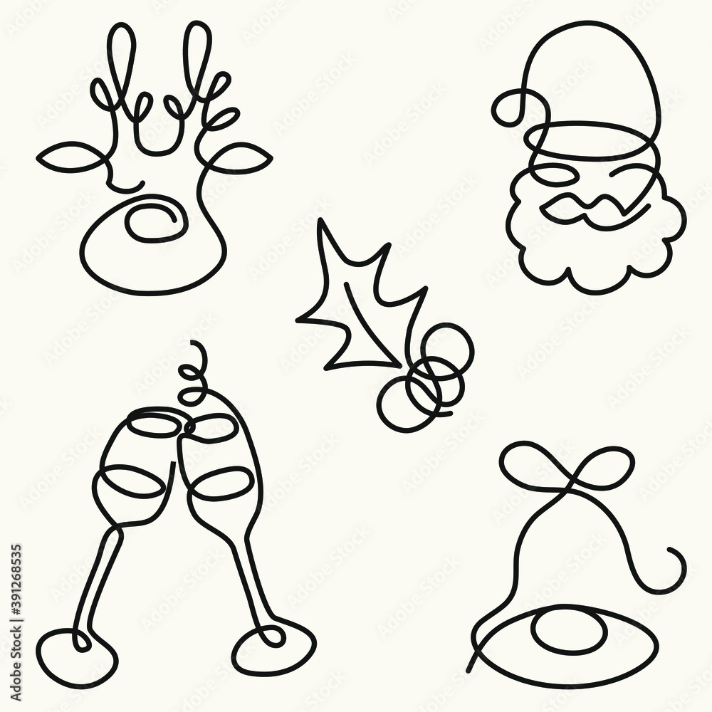 Christmas collection. Black line art contours of Santa Claus head, jingle bell, reindeer, poinsettia, glasses with sparkling wine. Vector illustration, hand drawn continious one-line minimalist Christmas collection. Black line art contours of Santa Claus head, jingle bell, reindeer, poinsettia, glasses with sparkling wine. Vector illustration, hand drawn continious one-line minimalist