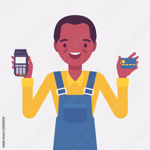 Credit card processing system, happy black boy. Small business owner showing safe payment option, secure merchant method and good customer service demonstration. Vector flat style cartoon illustration