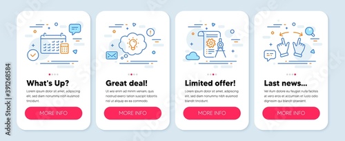Set of Technology icons, such as Divider document, Calendar, Energy symbols. Mobile app mockup banners. Move gesture line icons. Report file, Calculator device, Lightbulb. Swipe. Vector