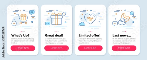 Set of Holidays icons, such as Shopping cart, Call me, Gift box symbols. Mobile app mockup banners. Christmas holly line icons. Gift box, Love sweetheart, Present package. Ilex aquifolium. Vector