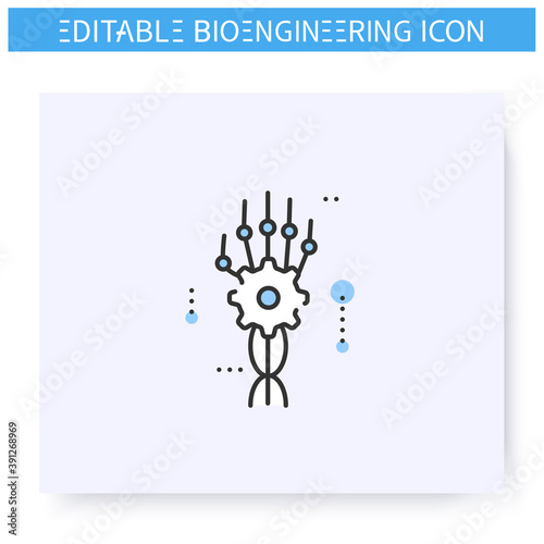 Biomechanics line icon. Mechanical artificial limb. Robotic arm prosthesis.Biomedical engineering, nanotechnology and medical science innovations concept. Isolated vector illustration.Editable stroke 