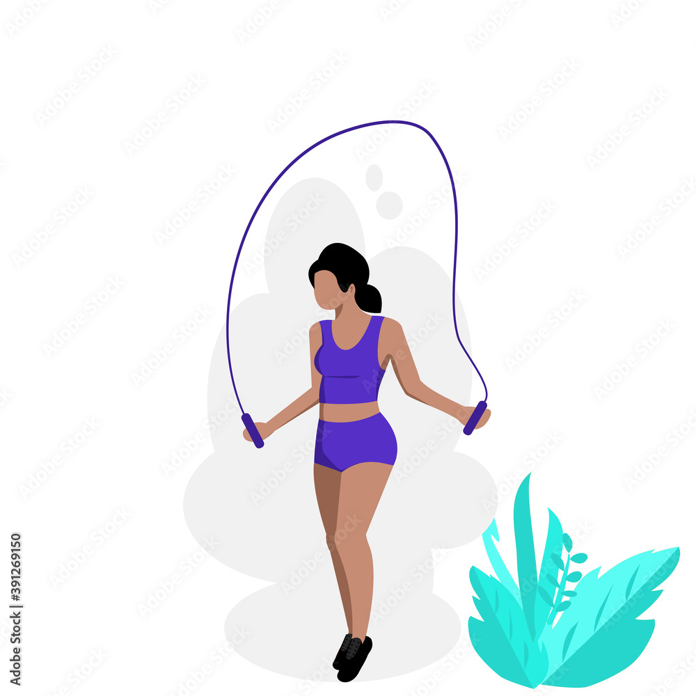 Φωτογραφία Cartoon no face of slim fit girl doing exercises with jumping rope,Woman wearing purple sportswear in outdoors activities in summer time