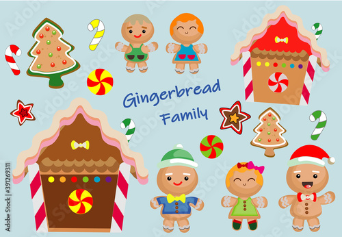 Colorful Vector Set of Happy Gingerbread Family Celebrating Christmas  Cookie House and Candies  I