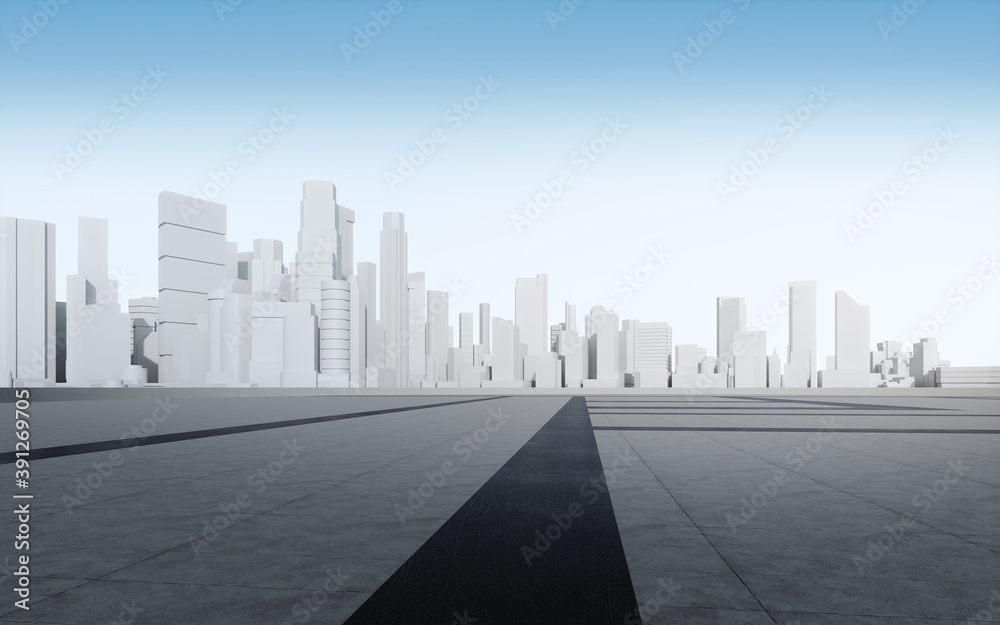 Empty concrete floor for car park. 3d rendering of abstract future cityscape with clear blue sky background.