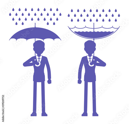 Rainwater harvesting man, RWH icon, collection and storage of rain. Drops catchment technology with umbrella during fresh water scarcity in dry seasons, rainfall resource use. Vector illustration