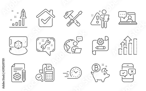 Friends chat, Documentation and Bitcoin coin line icons set. Analysis graph, Spanner and Augmented reality signs. Fast delivery, Bill accounting and Development plan symbols. Line icons set. Vector