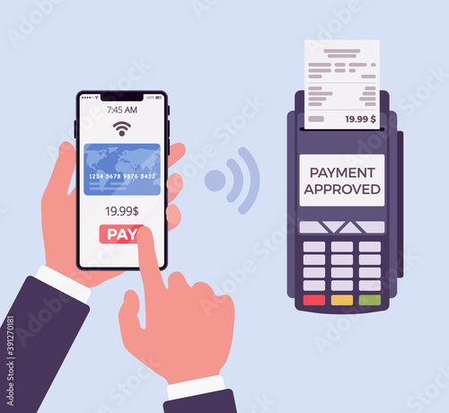 Credit card processing system, mobile phone merchant service. Hands close up make contactless payments using mobile phone, smartphone application platform. Vector flat style cartoon illustration