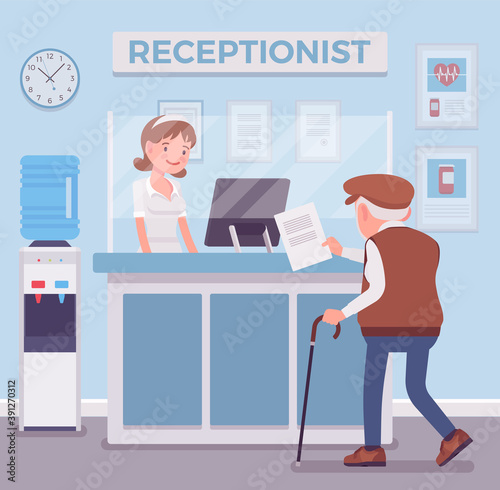 Hospital receptionist giving old man information, checking in for appointment. Senior person visiting medical clinic office, worker providing support to patient. Vector flat style cartoon illustration