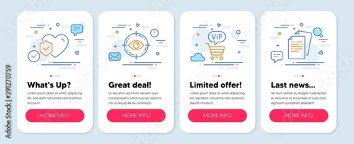 Set of line icons, such as Life insurance, Eye target, Vip shopping symbols. Mobile screen banners. Documents line icons. Risk coverage, Optometry, Exclusive privilege. Office file. Vector