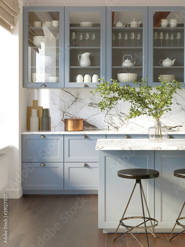3d rendering of a light blue rustic country kitchen with white marble backsplash, an island and vintage stools, vertical closeup