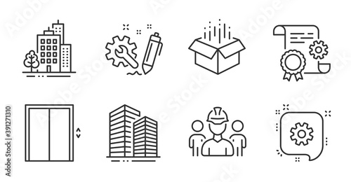 Construction document, Open box and Skyscraper buildings line icons set. Buildings, Engineering and Cogwheel signs. Engineering team, Lift symbols. Quality line icons. Vector