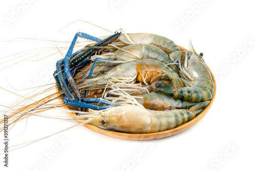 river shrimp common or Macrobrachium rosenbergii with wooden dish isolated on white background