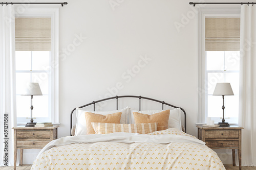 Farmhouse bedroom interior. 3d render.