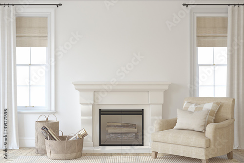 Foto Interior with fireplace. 3d render.