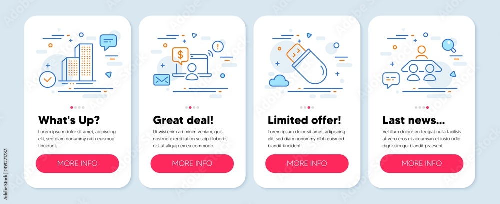 Set of Business icons, such as Usb stick, Online shopping, Skyscraper buildings symbols. Mobile app mockup banners. Interview job line icons. Memory flash, Internet buying, Town architecture. Vector