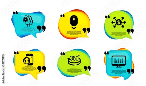 Mobile internet, Time management and Dollar exchange icons simple set. Speech bubble with quotes. 360 degrees, Scroll down and Music making signs. Online marketing, Teamwork clock, Payment. Vector