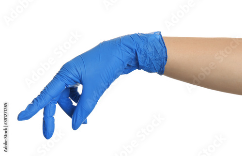 Woman in blue latex gloves on white background, closeup of hand