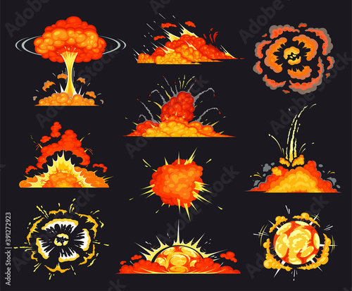 Bomb explosion and blast cartoon fiery set. Comic book bang, clash, pow, crash effects. Fire flame, smoke clouds, burst spreading, enlarging. Vector collection isolated on back background.