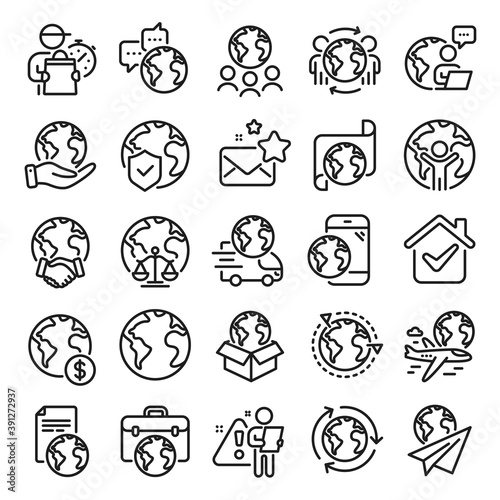 World business line icons. Global law, translate language, Outsource business. International organization, financial transactions, world map icons. Delivery service, global outsource. Vector