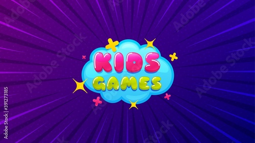 Kids games sticker. Purple background with offer message. Fun playing zone banner. Children games party area icon. Best advertising coupon banner. Kids games badge shape. Abstract background. Vector