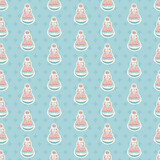 Vector cute matrjoschka winter pattern. Seamless half drop xmas pattern with stylized russian doll and on blue background with star. Perfect for fabric, packaging and gift wrap.