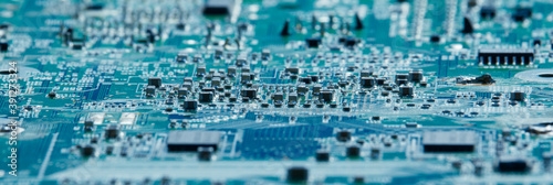 Computer elements on the circuit board with a low depth of field.