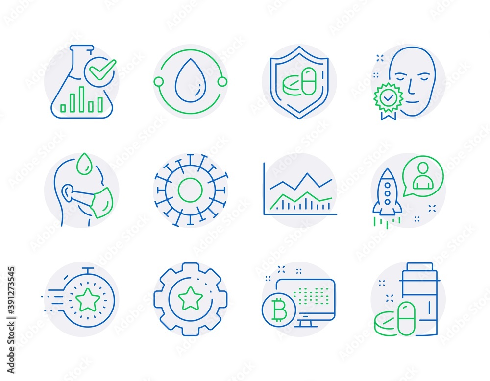 Science icons set. Included icon as Timer, Cold-pressed oil, Startup signs. Face verified, Sick man, Coronavirus symbols. Settings gear, Bitcoin system, Medical tablet. Trade infochart. Vector Science icons set. Included icon as Timer, Cold-pressed oil, Startup signs. Face verified, Sick man, Coronavirus symbols. Settings gear, Bitcoin system, Medical tablet. Trade infochart. Vector