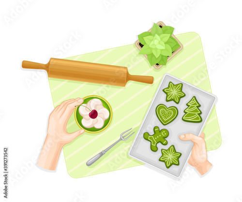 Human Hands Holding Board with Green Baked Matcha Cookies Vector Illustration