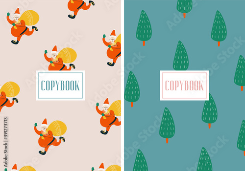 Merry Christmas. Set of bright vector flat covers for copybook with Santa Claus and Christmas tree. Covers in two colors for winter holidays. Winter Cristmas copybooks with funny elements. New Year.