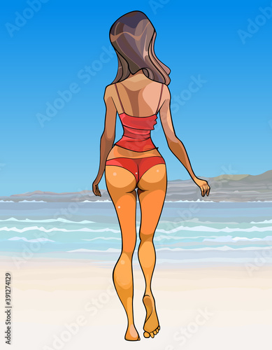cartoon girl in a swimsuit and a tank top walks along the shore to the sea