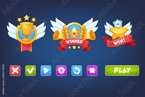 Vector set of Mobile Game UI elements, win icons and buttons