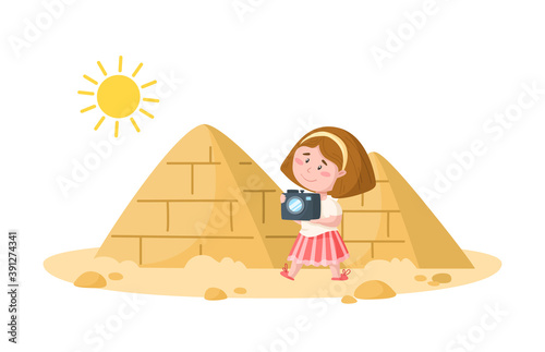Travel cartoon girl witch camera and egyptian pyramids, landmark or world place composition and cute kids character, isolated on white background vector illustration
