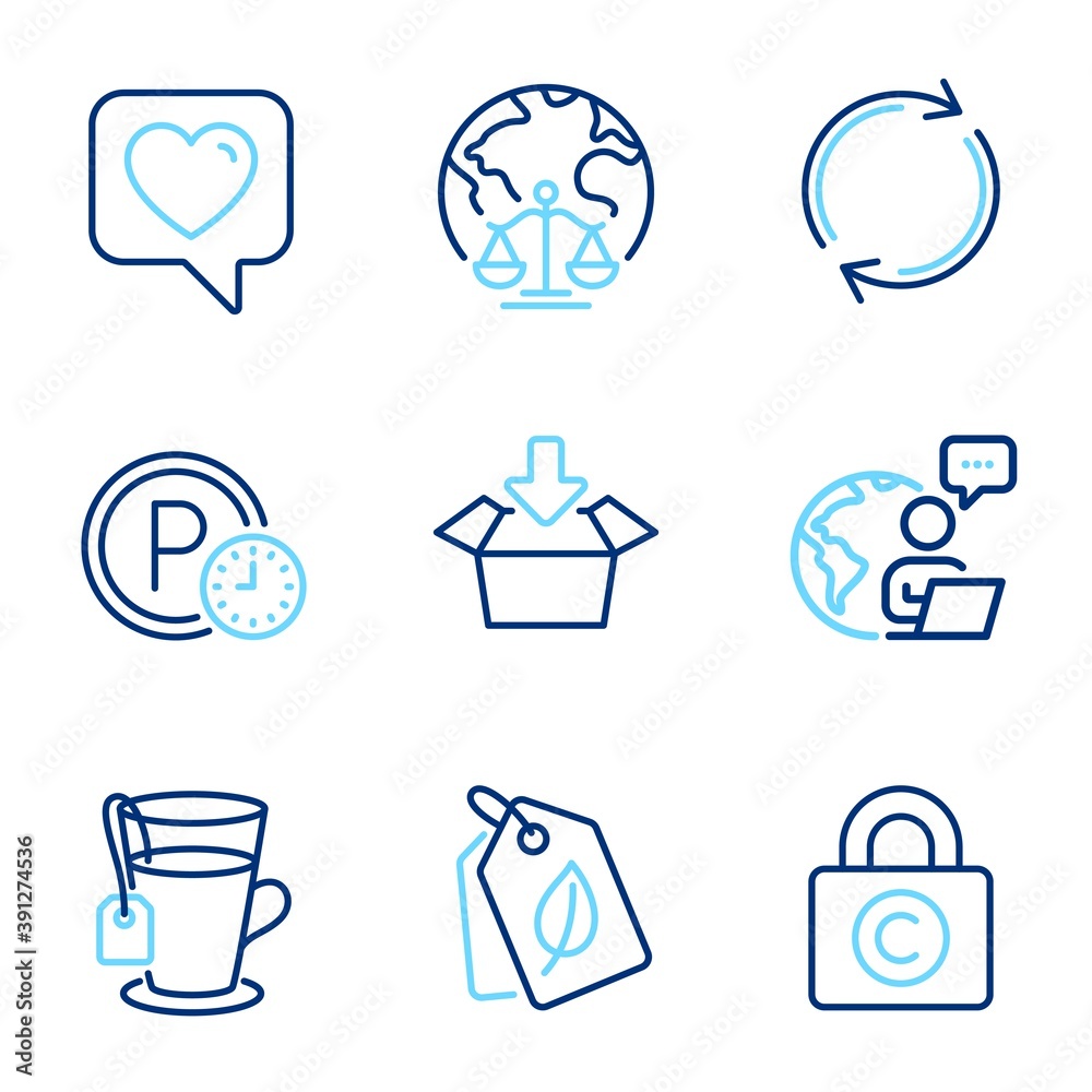 Line icons set. Included icon as Full rotation, Magistrates court, Copyright locker signs. Parking time, Tea, Get box symbols. Heart, Bio tags line icons. Line icons set. Vector Line icons set. Included icon as Full rotation, Magistrates court, Copyright locker signs. Parking time, Tea, Get box symbols. Heart, Bio tags line icons. Line icons set. Vector