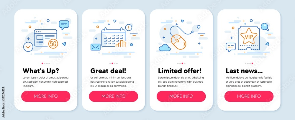 Set of Business icons, such as Computer mouse, 5g internet, Calendar graph symbols. Mobile app mockup banners. Vip ticket line icons. Pc device, Wifi quality, Annual report. Vector