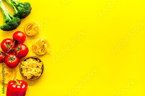 Vegan food cooking ingredients - vegetables and herbs top view