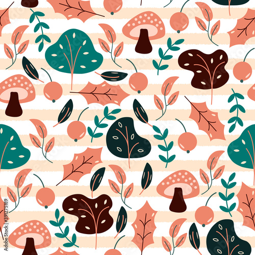 Seamless pattern with trees and leaves, Colorful pattern with stripe Background,  