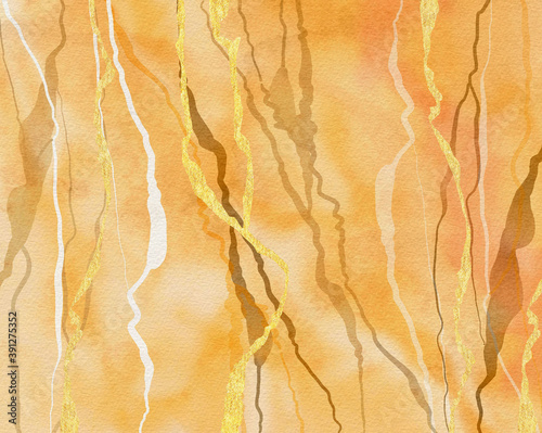 abstract watercolor background. Orange background with gold marbled stripes, hand painted