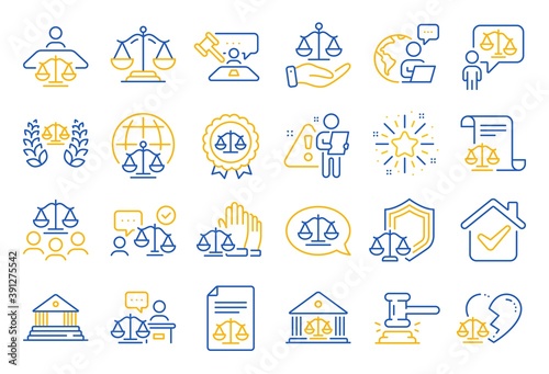 Court line icons. Scales of Justice, Lawyer and Judge. Hammer, Law and Petition document set icons. Judgment, justice, court injunction. Gavel judge hammer, rulings, presiding officer. Vector