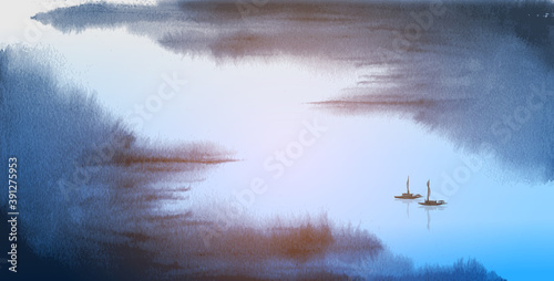 Minimalist blue ink wash painting landscape with fishing boats on big river. Traditional Japanese ink wash painting sumi-e.